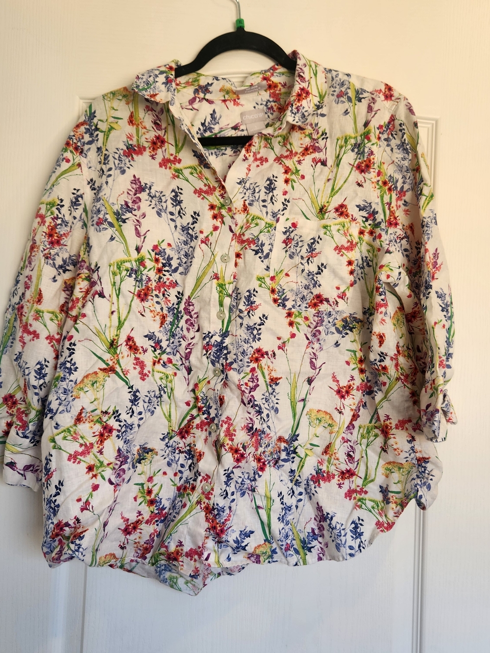 Chico's White Button-Up Shirt with Multicolor Floral Print 3 (XL) EUC